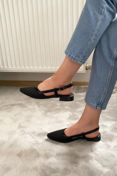 asmi shoes Women's Tena Black Patent Leather Glittery Open Back Pointed Toe Daily Ballerinas