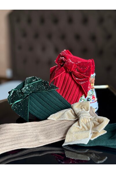 kiddos.ro Long cotton socks for children 0-8 years, for Christmas, with red, green or cream bows, Merry
