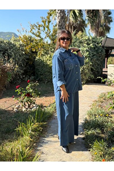 Punta Otantik Nc25446 Italian Velvet Sequin Pants Blouse Set Blue