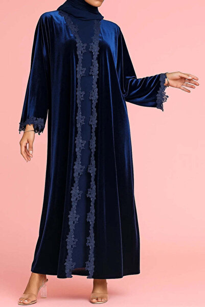 MayaCloset كيمونو وعباءة من مخمل الإسبريسو الفاخر الدافئ بتصميم دانتيل متقن -...