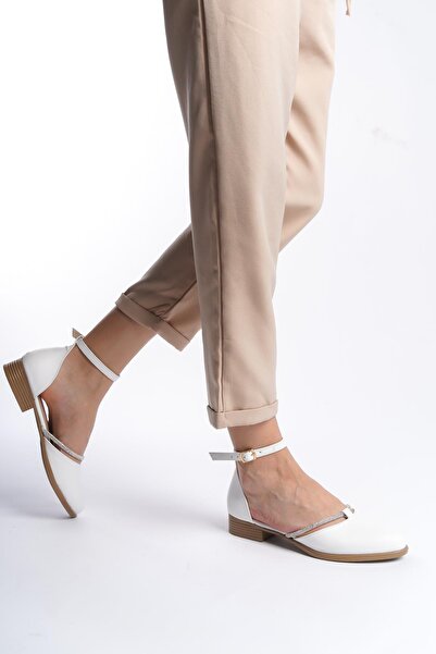 asmi shoes Women's Trey White Skin Stone Detailed Open Sides Ballerinas