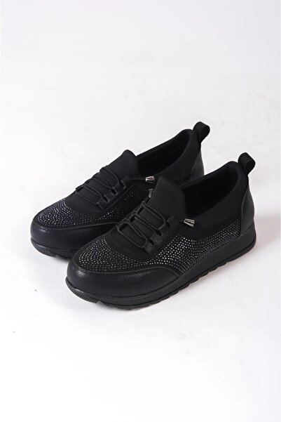 asmi shoes Women's Galina Black Stone Laced Elastic Orthopedic Comfortable Sole Stone Detailed Daily Ballerina Mother Shoes