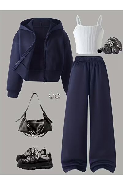 buendiakids Kız Çocuk 3`Lü Paket Lacivert Crop Fermuarlı Askılı Crop-Bol Eşofman Altı Takım