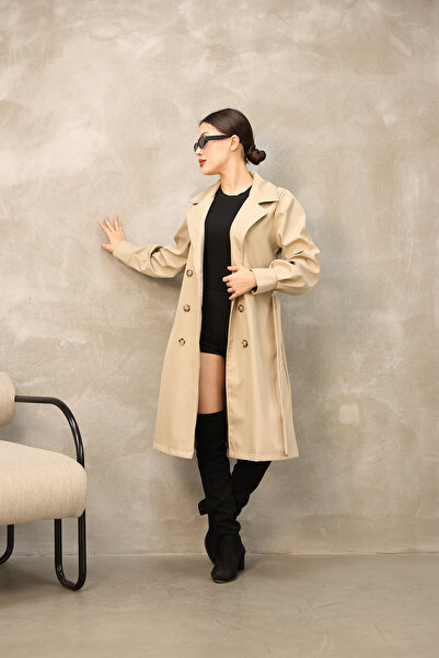 QUBERZ Balloon Sleeve Cuffed Trench Coat Short