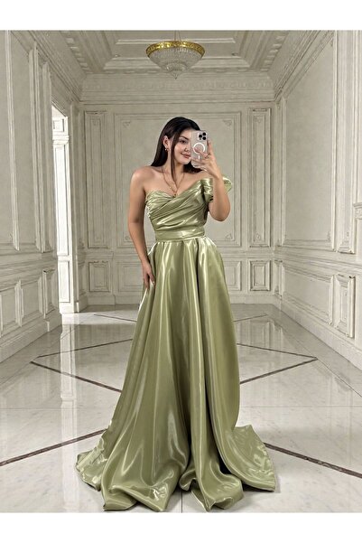 OLA فستان سهرة من الساتان اللامع باللون الأخضر المائي من جاليا بكم واحد