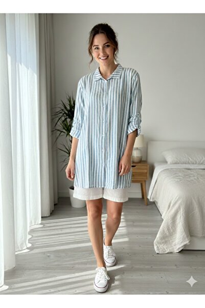 ruhaay قميص صيفي مخطط بقصة مريحة وياقة وأكمام طويلة وطويلة