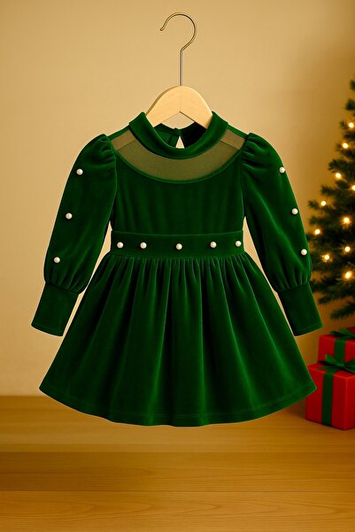 SETTY KOOP Girls green Velvet Christmas Dress with Pearl Sleeves and Sheer Neckline rochie Crăciun fetițe