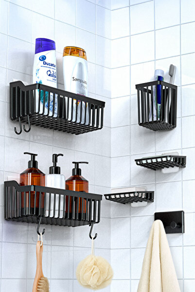 ATA HOME Banyor 6'lı Banyo Seti Yapışkanlı Banyo Düzenleyici Şampuanlık Diş Fırçalık Sabunluk Askılık Takımı