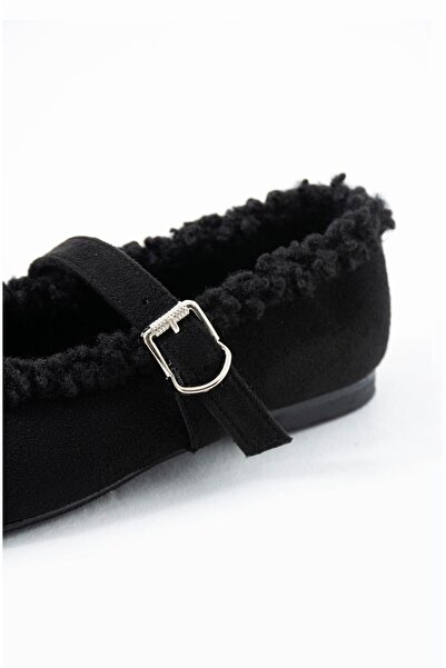 cevaplus Black Suede Leather Women's Ballerinas with Fur Inside