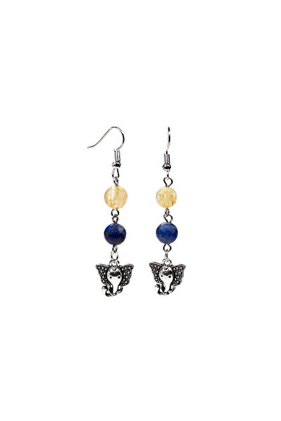 earrings Cercei lapislazuli/cuarț rutilat cu ganesh -- 8 mm