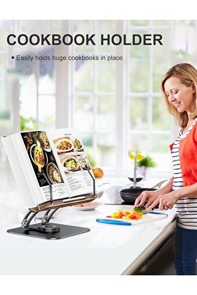 tounee Gray Modern Foldable Book Stand for Reading, Adjustable 360° Swivel Base with Elastic Page C