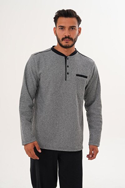 Çift Kaplan Erkek Çitli Desen Patlı Siyah Pijama Takımı 8016