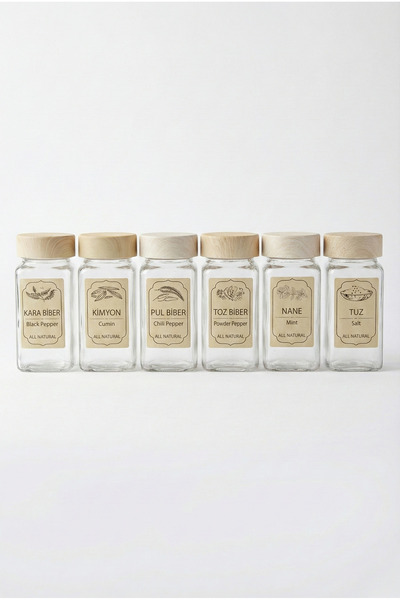 Vienev Set of 6 Square Glass Spice Jars with Wooden Lids and Labels - Spice Jar Set