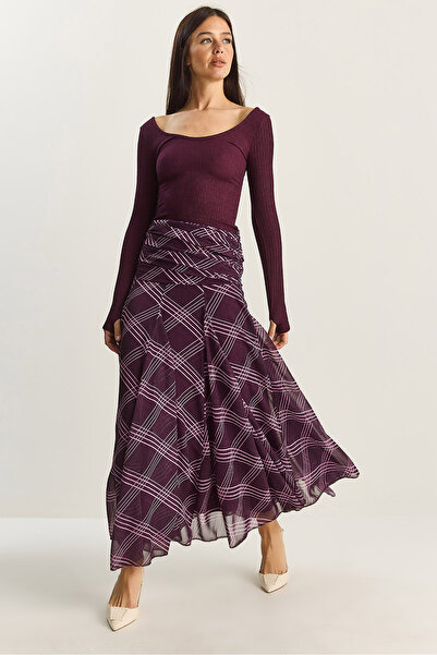 Bianco Lucci Women's Drape Waist Detailed Lined Patterned Long Skirt De251101 60283609