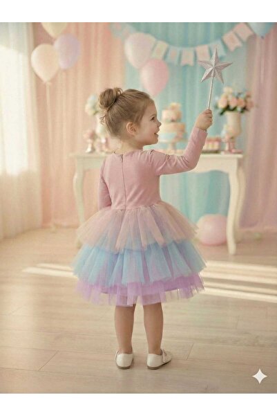 penu baby kids Powder 3 Layers Color Gradient Tulle Skirted Matte Jersey Fabric Lined Long Sleeve Girls Kids Baby Girl Dress