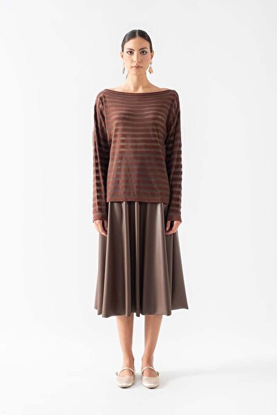 Spazio Donelio Kayık Yaka Transparan Çizgili Triko KAHVE