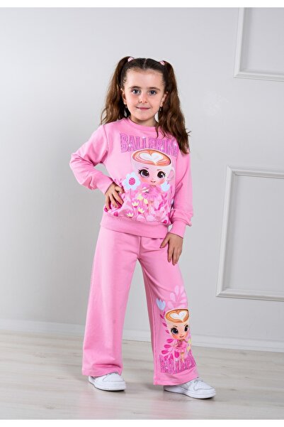 LİLLYPİCCA Girls' 2-Piece Set Ballerina Patterned Sweatshirt and Wide Loose Leg Pants