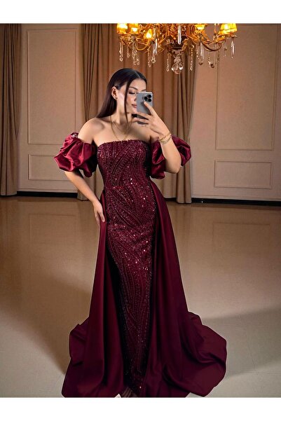 OLA Diva Tasarım Payet Ve Boncuk İşlemeli Pelerinli Bordo Abiye Elbise