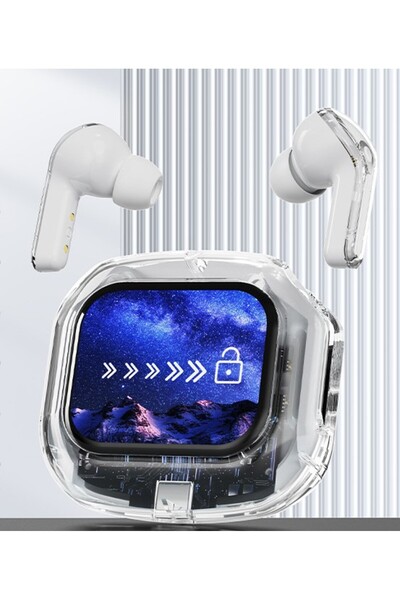 OEM Căști wireless cu ecran tactil color și Bluetooth 5.4 – Alb, cu husă tran...