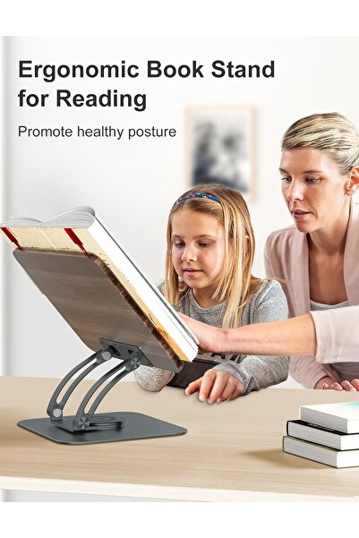 tounee Gray Modern Foldable Book Stand for Reading, Adjustable 360° Swivel Base with Elastic Page C