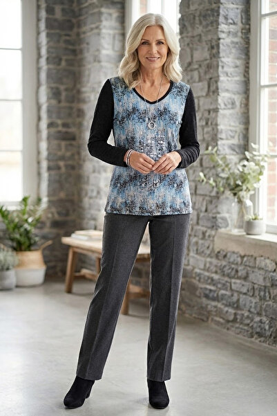 YXL COLLECTION Women's Plus Size Stretch Fabric V-Neck Front Paneled Printed Soft Pullover Mother Blouse