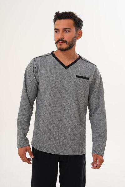 Çift Kaplan Erkek Çitli Desen V Yaka Siyah Pijama Takımı 8018