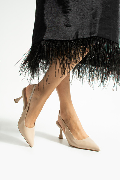 Güllü Shoes Beige Wrinkled Patent Leather Pointed Toe Open Side Strap Thin Heeled Women's Stiletto Evening Dress Shoes