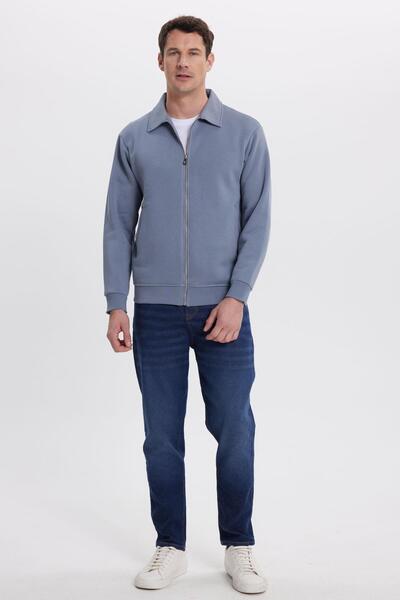 Tudors Unisex Relax Fit Comfortable Cut Cotton Inner Fleece Zippered Gray Polo Neck Flato Pocket Sweatshirt Cardigan