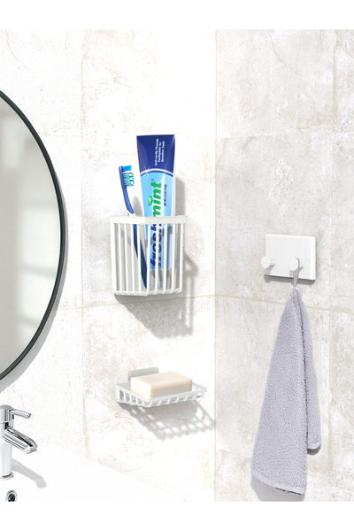 ATA HOME Banyor 6'lı Banyo Seti Yapışkanlı Banyo Düzenleyici Şampuanlık Diş Fırçalık Sabunluk Askılık Takımı