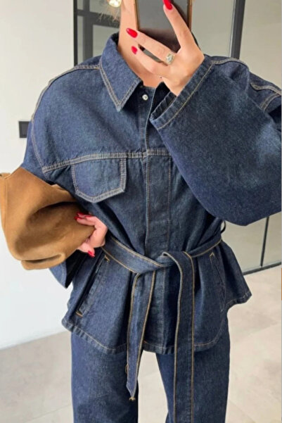 TRND Women's Denim Jeans Set Belted Denim Jacket & Wide Leg Pants Set Premium Denim