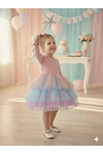 penu baby kids Powder 3 Layers Color Gradient Tulle Skirted Matte Jersey Fabric Lined Long Sleeve Girls Kids Baby Girl Dress