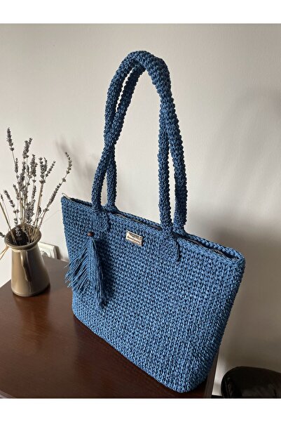 ELİŞİ MODA Navy Blue Handmade Paper Rope Knitted Daily Shoulder Bag with Stra...