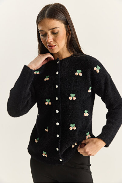 Bianco Lucci Women's Soft Textured Cherry Embroidered Pearl Accessory Knitwear Cardigan 60283702