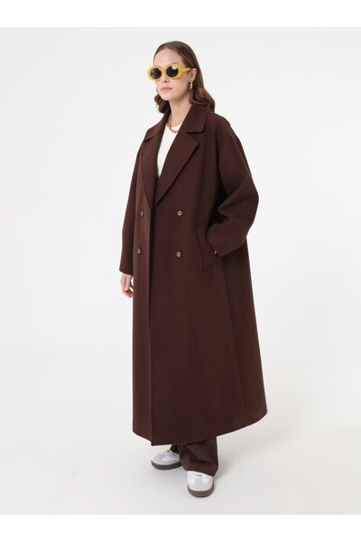 Refka Double-Breasted Off-Shoulder Long Basic Coat with Closure Detail - Brown -