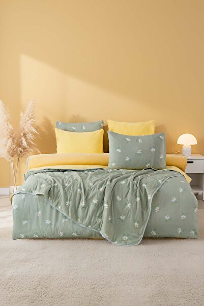 Rivaİstanbul Green Daisy Double Duvet Cover Pique Set - 7 Piece Dowry Set
