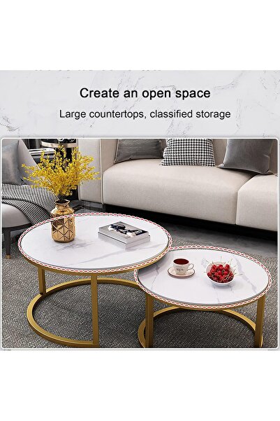 Miskat Trading Modern Nesting Coffee Table Set of 2 - Round Marble-Texture Slate Tops, Steel Frame