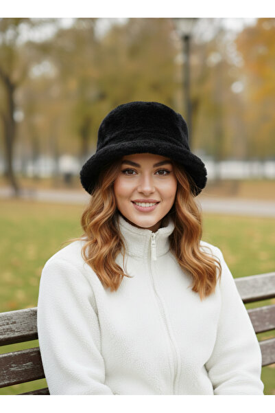 la_hatun Peluş Bucket Siyah Şapka Soğuktan Korur