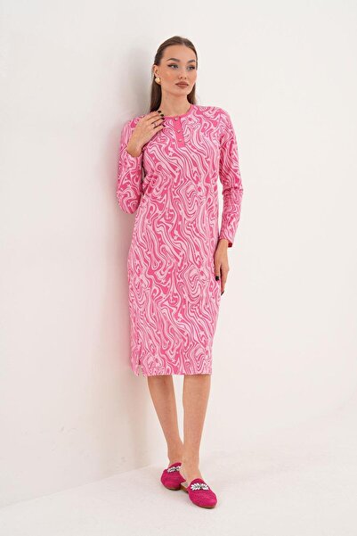 Çift Kaplan Kadın Pamuk Desenli Pembe Gecelik 7024