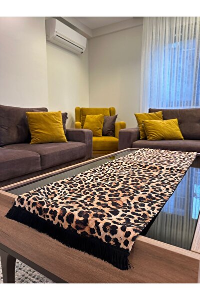 Karam Home “Leopar Desenli Püsküllü Runner – 2 Kenar Püskül, Dekoratif Masa &...
