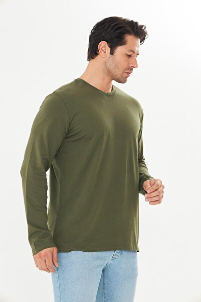 TRENDHİLL Men's Cotton V-Neck Long Sleeve T-Shirt Khaki 5021-H