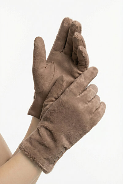 robanu Women's Mink Plush Detailed Suede Touchscreen Compatible Winter Gloves