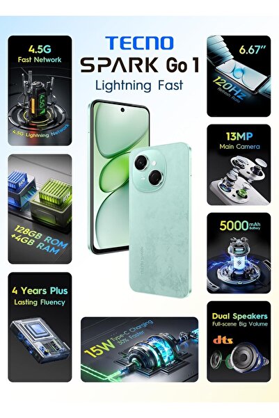 TECNO Spark Go 1 Dual SIM 4.5G Android 14 Smartphone (Magic Skin Green, 128+4)