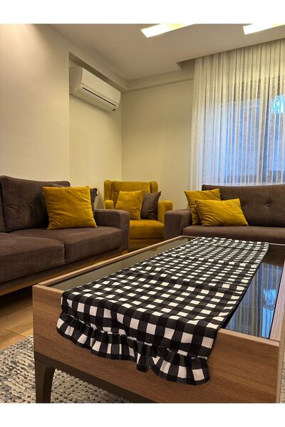 Karam Home Siyah Beyaz Pötikareli Fırfırlı Runner – 2 Kenar Fırfır, Dekoratif...