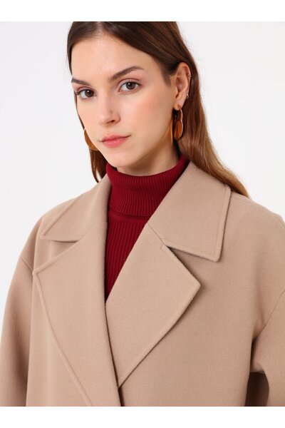 Refka Double-Breasted Off-Shoulder Long Basic Coat with Closure Detail - Beige -