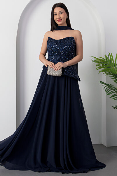 PULLIMM Rochie de seară din șifon, fără bretele, cu paiete, ECR5701