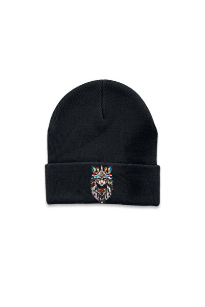 MODA Căciulă de iarnă pliată colorată pisică Cat cu imprimeu neagră