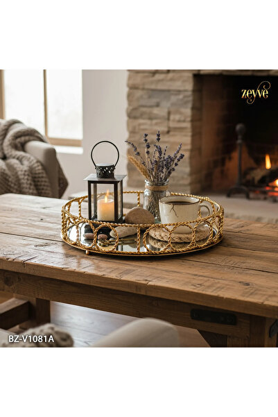 Hinora Burgu Halka Model Yuvarlak Aynalı Şık Dekor Tepsi 40x40x9cm