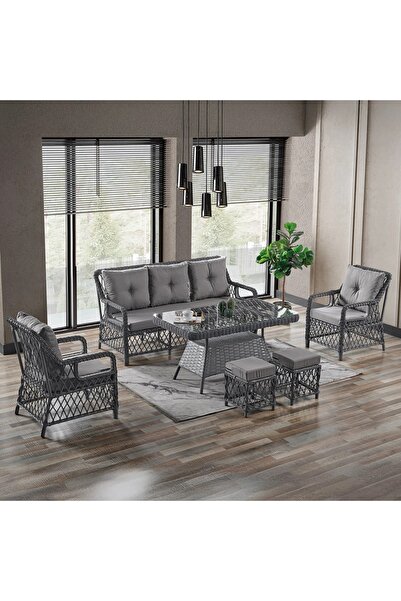 SALINCAKCIM RÜYA RATTAN BAHÇE BALKON TERAS VERANDA 3-1-1 MASALI PUFLU METAL O...