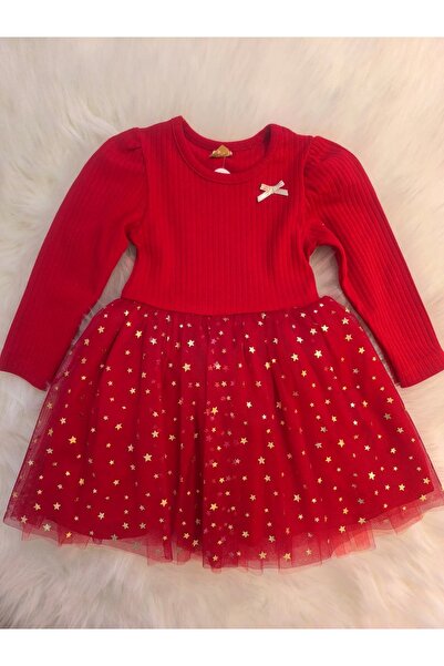 kidsense New Year's Birthday Special Day Glitter Star Printed Red Girl's Dress