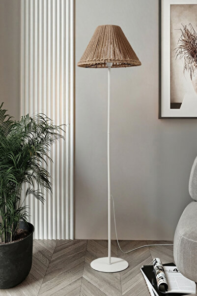 Marrien Mono Krem Metal Ayaklı Doğal İp Başlıklı Lambader - 145cm Bohem Rustik Salon ve Köşe Aydınlatması